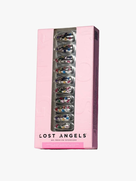 lost angels rhinestone gem nails on gray background